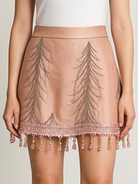 Matthew Williamson Pink Feather Motifs Fringed Skirt Size 8 Small b53
